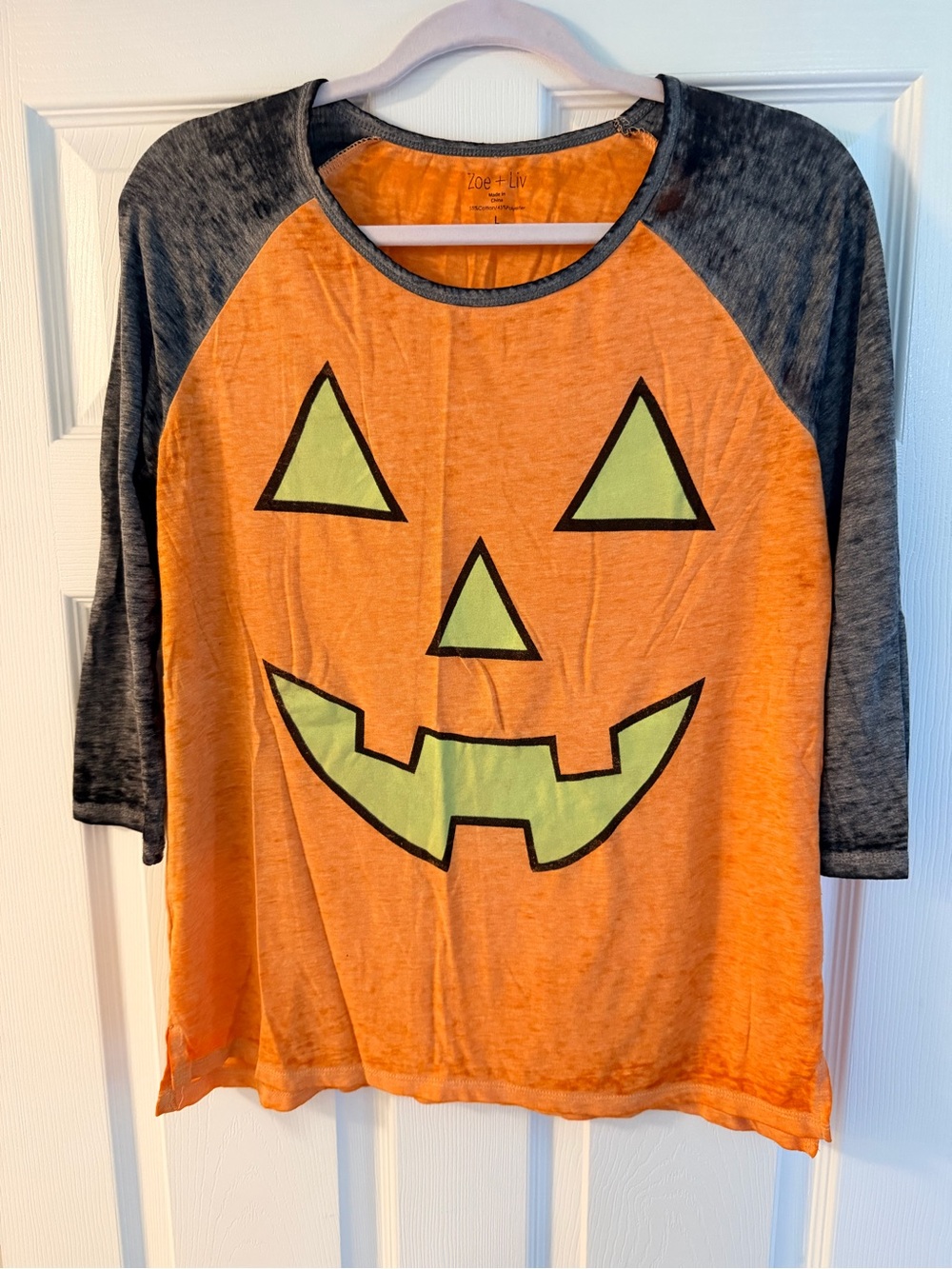 Zoe + Liv Orange Pumpkin Tee with Gray Sleeves